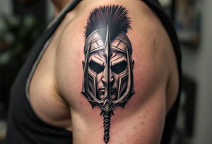 close-up spartan face behind trident tattoo idea