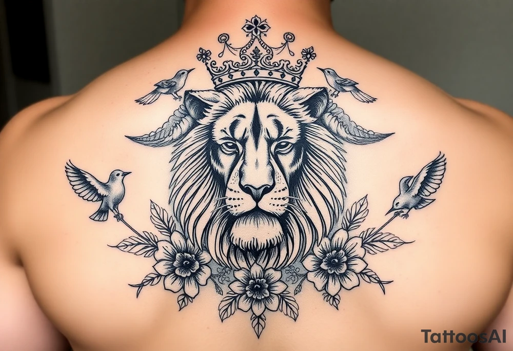 powerful majestic lion with a crown, surrounded by floral ornaments and birds tattoo idea