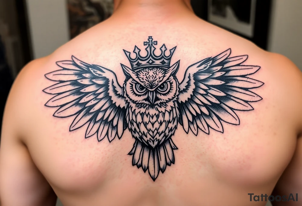 Owl with a king crown with wings spread tattoo idea