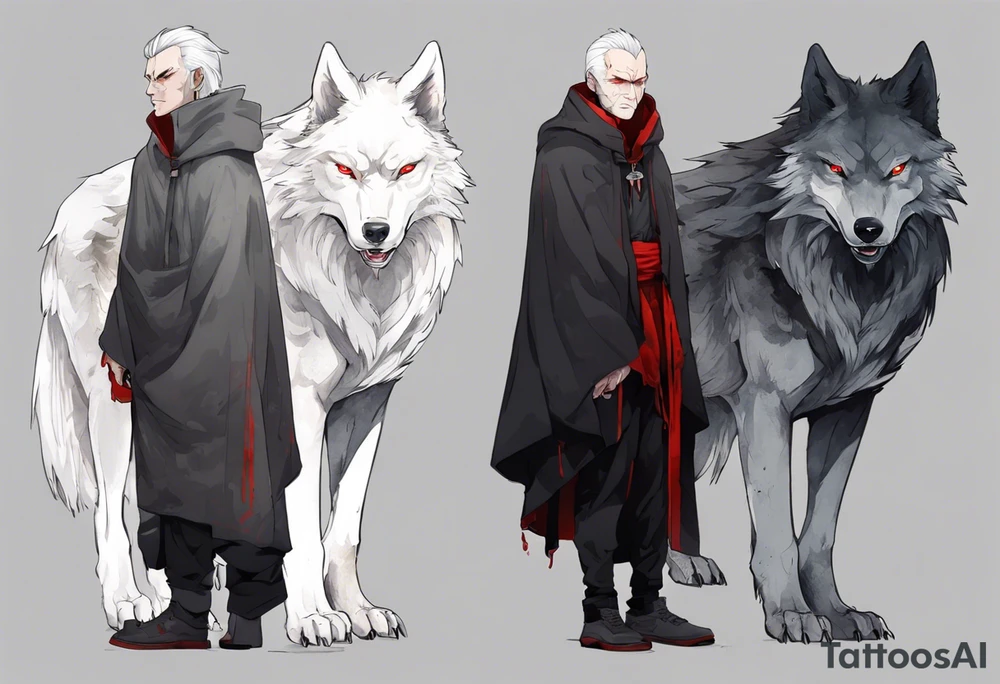 a gaunt man with white hair, grey eyes, and a black cloak standing beside a massive grey wolf with red eyes tattoo idea