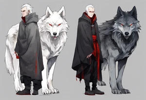 a gaunt man with white hair, grey eyes, and a black cloak standing beside a massive grey wolf with red eyes tattoo idea