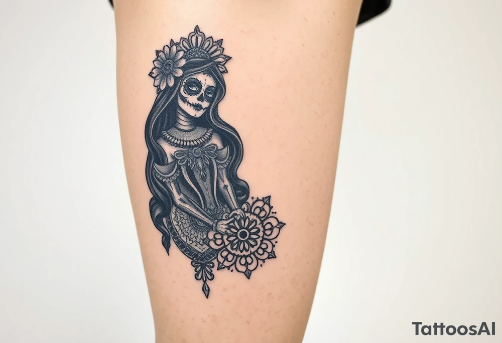 La Catrina in Chicano style on the thigh connected with a mandala on the knee tattoo idea