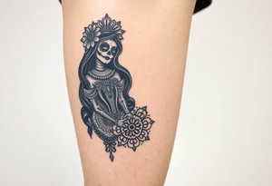 La Catrina in Chicano style on the thigh connected with a mandala on the knee tattoo idea