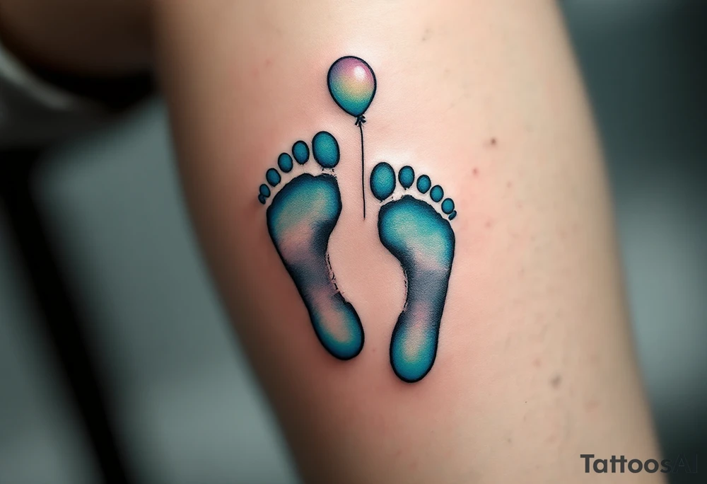 Light gray and soft teal footprints of Samuel, with a small, floating balloon to represent his light and carefree character. tattoo idea