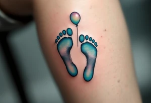Light gray and soft teal footprints of Samuel, with a small, floating balloon to represent his light and carefree character. tattoo idea