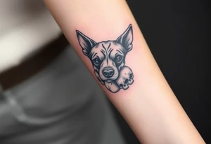 Half dead half alive zombie Brindle dog with the name kiwi . And some tiny skulls tattoo idea