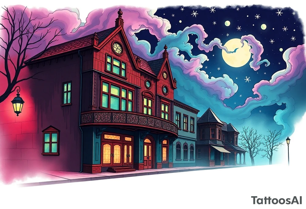 Tim Burton’s old victorian theatre from outside view is the street abandoned and dripping with muted reds, dusty pinks, and eerie green glow purple and cyan smokey clouds swirl and dance in the moonlit night sky filled with twinkling stars  tattoo idea tattoo idea