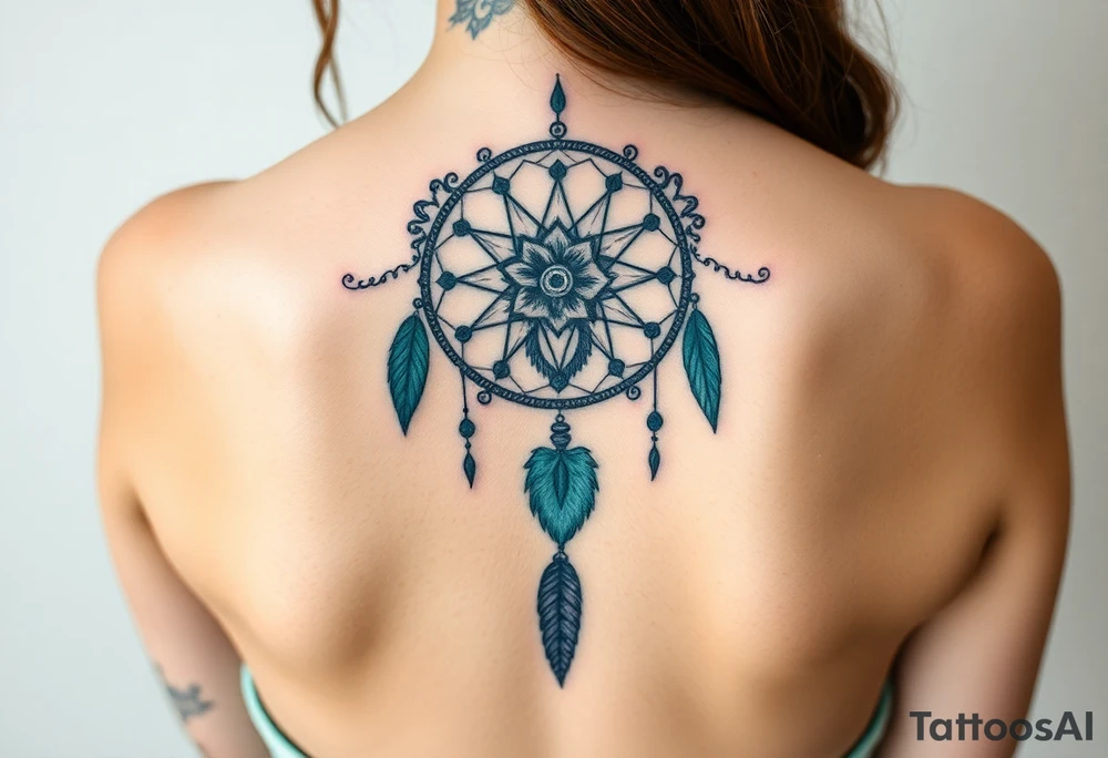 Dreamcatcher with zodiac symbols and protection runes caught in it with wolf teal tattoo idea