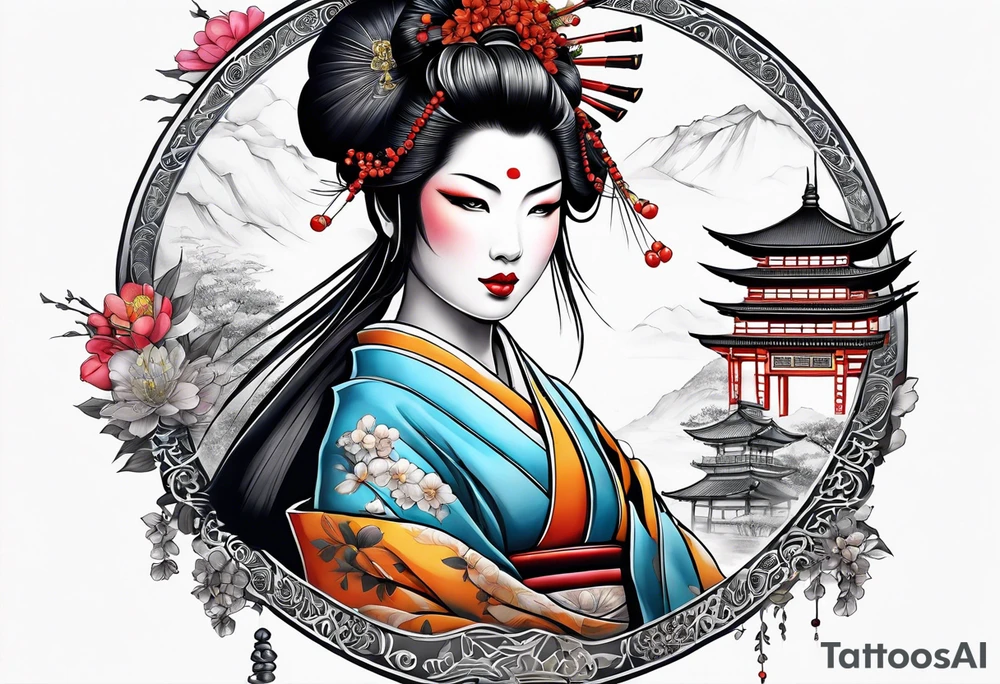 Geisha,samurai,buddah,pagoda,torri gate tattoo idea