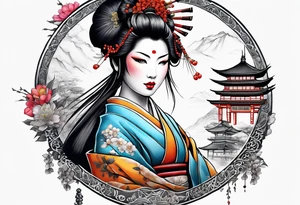 Geisha,samurai,buddah,pagoda,torri gate tattoo idea