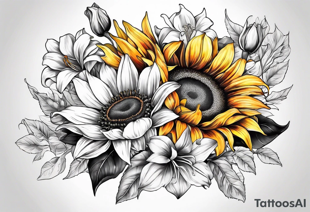 sunflower and lily and rose boquet tattoo idea
