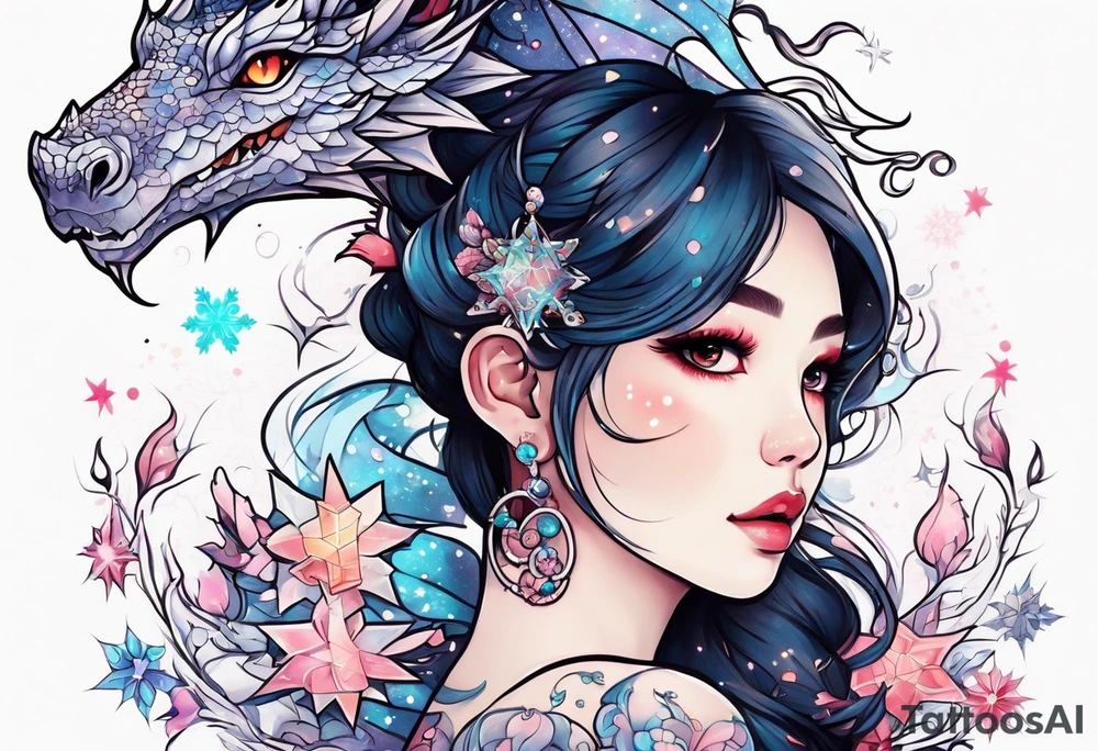 Constellation, dragon kawaii girl, snowflake tattoo idea