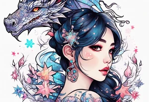 Constellation, dragon kawaii girl, snowflake tattoo idea