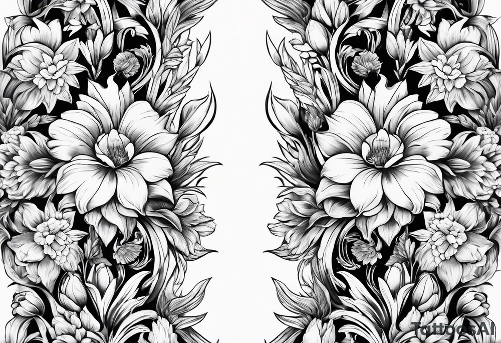 Vertical floral arm sleeve with wheat and dragonflower and florals and tulips tattoo idea