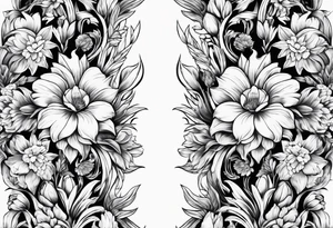 Vertical floral arm sleeve with wheat and dragonflower and florals and tulips tattoo idea