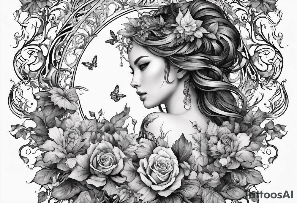 Feminine vine wrapping around arm in sleeve style with mystical creatures in between tattoo idea