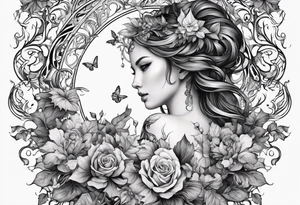 Feminine vine wrapping around arm in sleeve style with mystical creatures in between tattoo idea