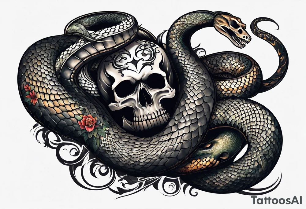 snake sleeve tattoo with skull, snake as focal point, with the word Hydra on it tattoo idea