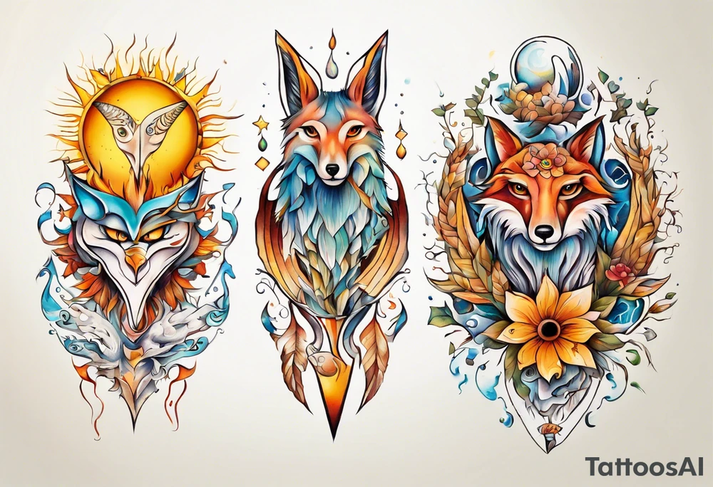 fisch, fuchs und eule , symetrie  sonne, universum, bunt, " sapere aude" tattoo idea