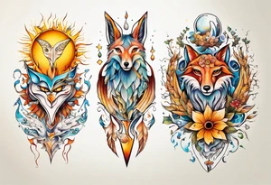 fisch, fuchs und eule , symetrie  sonne, universum, bunt, " sapere aude" tattoo idea