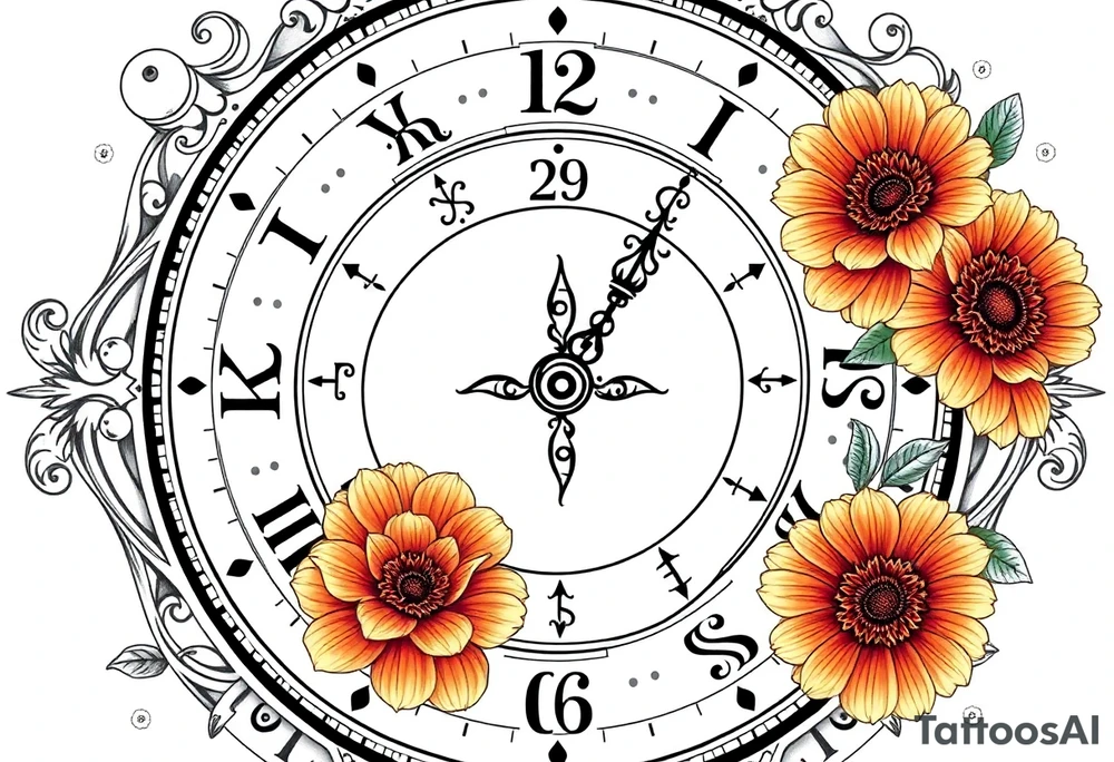 zodiac symbols and Norse runes within ornate clock with roses lilly sunflowers tattoo idea