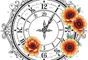 zodiac symbols and Norse runes within ornate clock with roses lilly sunflowers tattoo idea