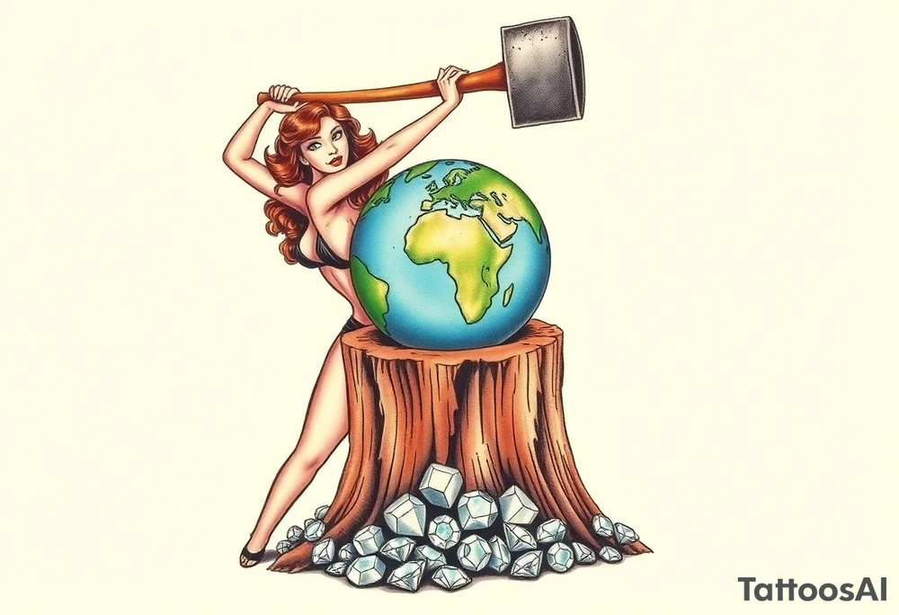 a very beautiful pin up girl, the pin up girl has her breasts exposed and in view, the pin up girl is wearing a g string, the pin up girl is swinging a large mallet overhead, the motion of swinging resembles an ax chopping wood, the mallet she is swinging is making contact with a earth globe, the earth globe is on top of a tree stump, the earth globe is half of the size of the diameter of the top surface of the tree stump, the earth globe is being squashed and compressed between the mallet and the trees stump, there is a pile of diamonds at the base of the tree stump, the idea is that the mallet is compressing the earth globe and the product is the diamonds that have fallen below, the idea is that the pin up girl if very beautiful, the idea is that pressure makes diamonds tattoo idea