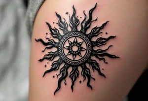 A bold black Kolovrat symbol spins with eight arms, representing the eternal cycle of life and Slavic sun worship. tattoo idea