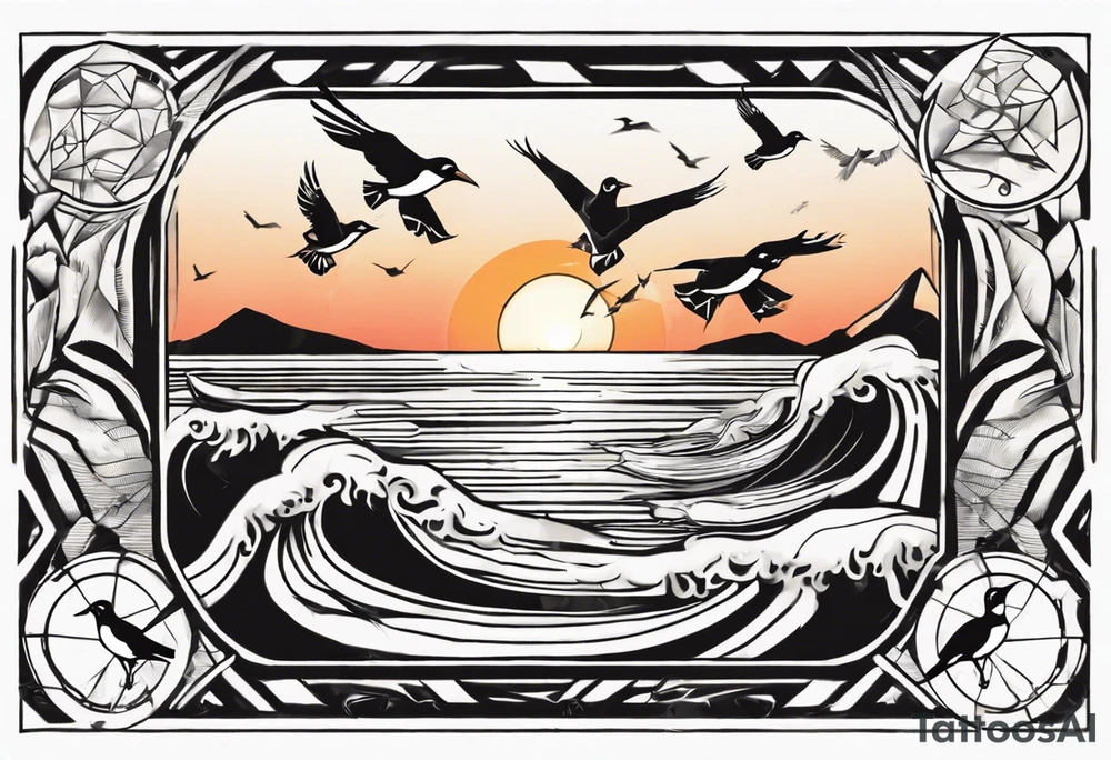Sunset over the sea with birds flying in a rectangle tattoo idea Sunset over the sea with birds flying in a rectangle tattoo idea