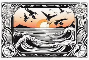 Sunset over the sea with birds flying in a rectangle tattoo idea