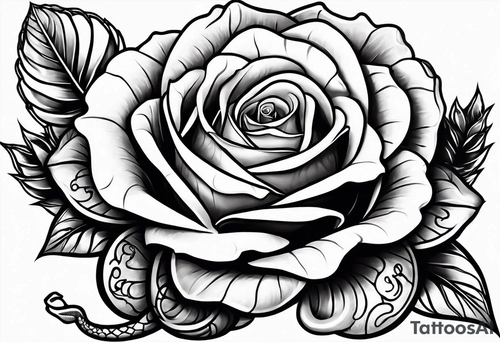 Serpent snake around the stem on a rose showing the stem and thorns tattoo idea