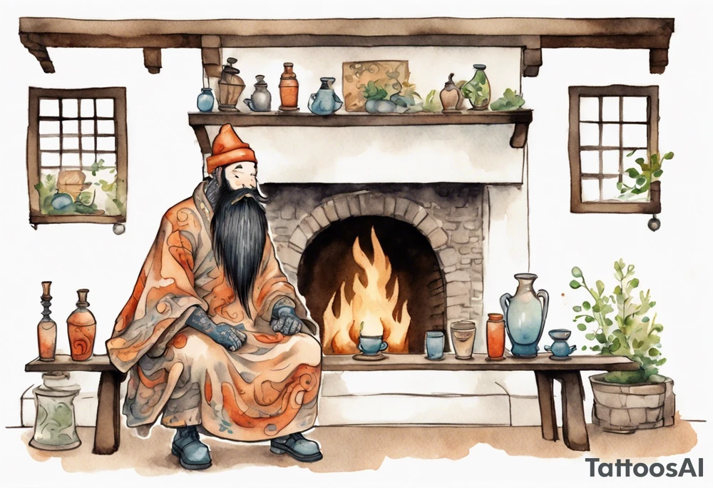 a myconid with a long beard wearing a tunic sitting on a bench by a fireplace drinking from a wood cup, smiling tattoo idea