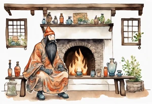 a myconid with a long beard wearing a tunic sitting on a bench by a fireplace drinking from a wood cup, smiling tattoo idea