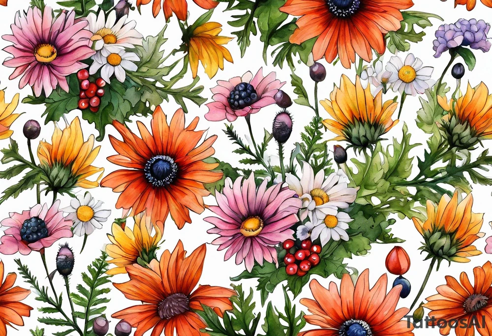 wildflowers with thistles, ferns, white anemones, sun flowers, orange flowers, green flowers, pink flowers, red flowers, berries and babies breath and daisies all in watercolor tattoo idea