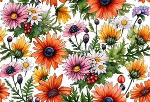 wildflowers with thistles, ferns, white anemones, sun flowers, orange flowers, green flowers, pink flowers, red flowers, berries and babies breath and daisies all in watercolor tattoo idea