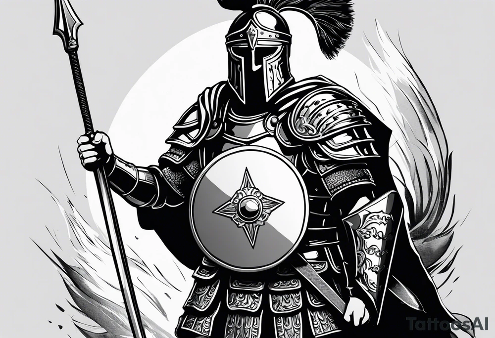 high quality black and white illustration, full body image, a strong tall roman centurion, wearing armour, wearing a belt, wearing a metal breastplate, holding a large shield, wearing a helmet, holding a sword. Flaming arrows are being fired at the centurion, he is blocking the arrows with his shield tattoo idea