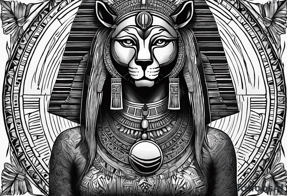 Full body of Ancient Egyptian goddess sekhmet, lioness head with black sun disk above her head and woman's body. She looks straight ahead and ready for battle looking fearless and powerful holding an ankh in one hand and a papyrus sceptre in another, she has long hair flowing tattoo idea