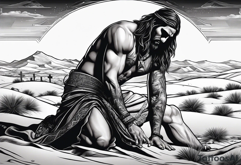 man crawling in a desert reaching to the cross of Christ tattoo idea