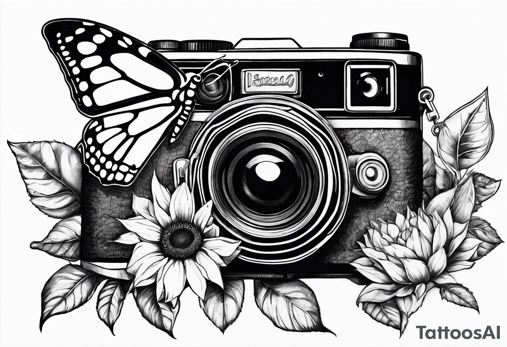 Butterfly, sunflower, camera, book, flower rose tattoo idea Butterfly, sunflower, camera, book, flower rose tattoo idea