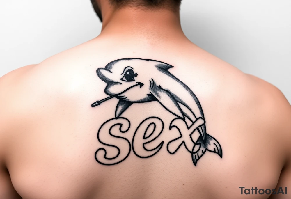 Cartoon dolphin with a mischievous face humping the word sex tattoo idea
