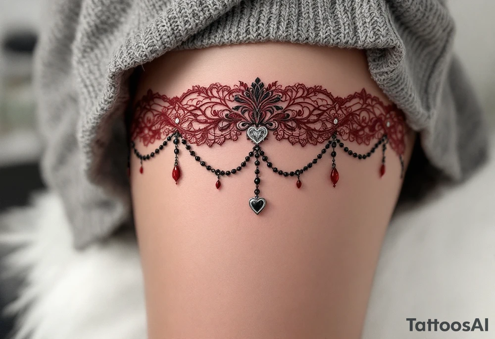 ChatGPT řekl:
A garter tattoo designed as a deep red lace band wrapped snugly around the thigh, featuring intricate black embroidery details, a dangling silver heart charm, and soft shadowing for a realistic 3D effect. tattoo idea