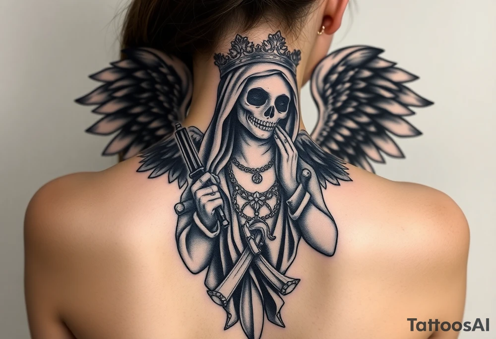 old angel statue (Santa Muerte style) criminal style tattooed and at the same time contemporary, weapons in hand, gangster-style gold necklaces tattoo idea