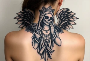 old angel statue (Santa Muerte style) criminal style tattooed and at the same time contemporary, weapons in hand, gangster-style gold necklaces tattoo idea