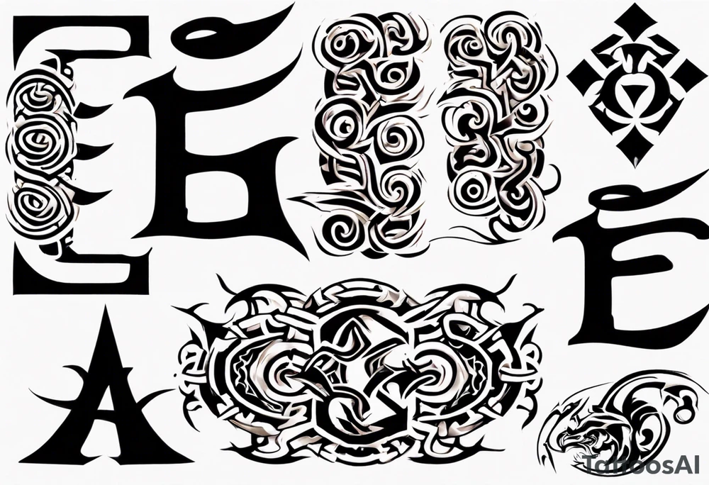 combine the letters E and H with tribal pattern tattoo idea