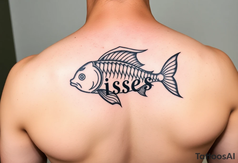unique zodiac sign merging with the word “Pisces” tattoo idea