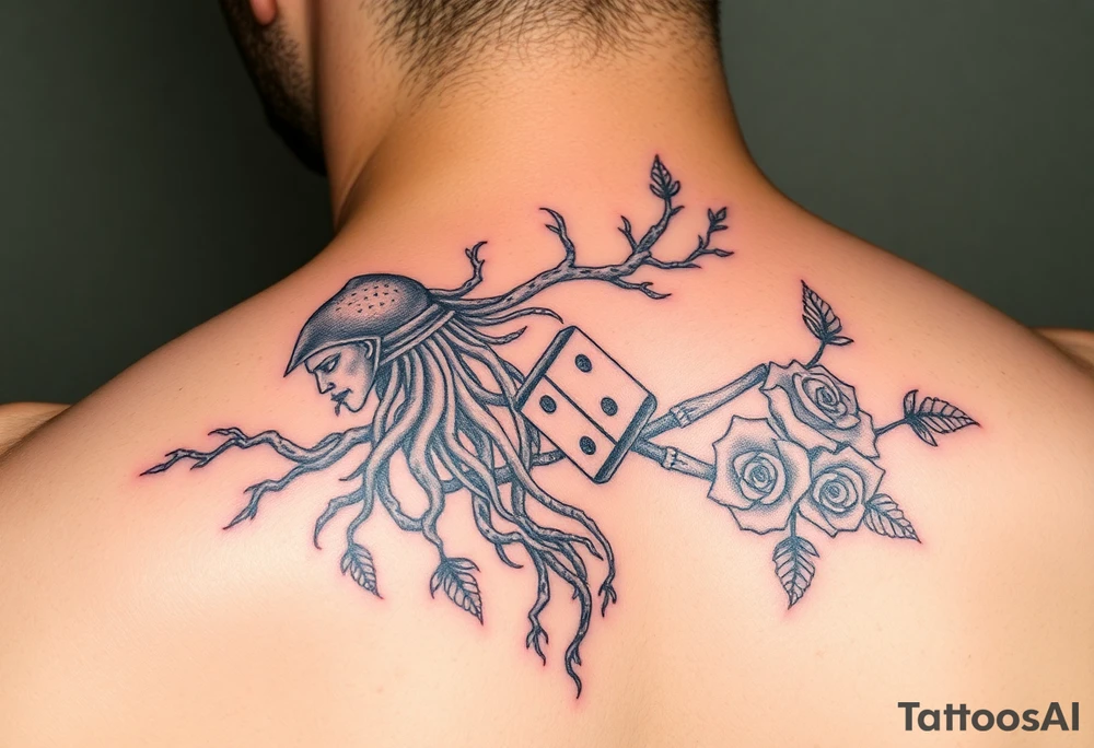 knight and squid intertwined with tree roots and roses rolling dice tattoo idea