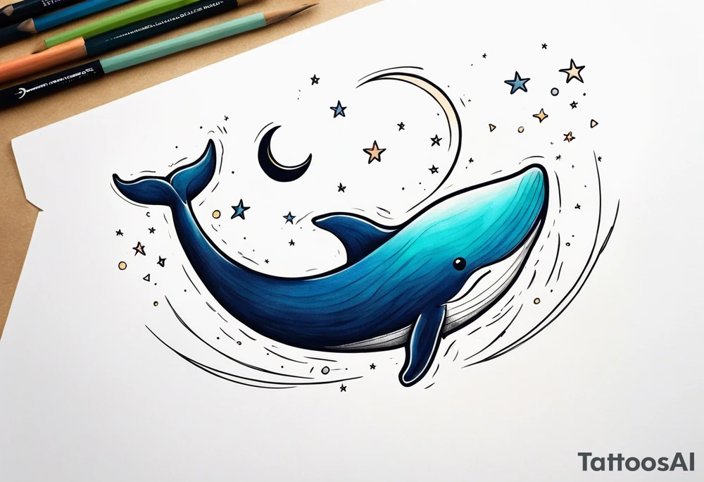 cute Whale jumping over a crescent moon tattoo idea