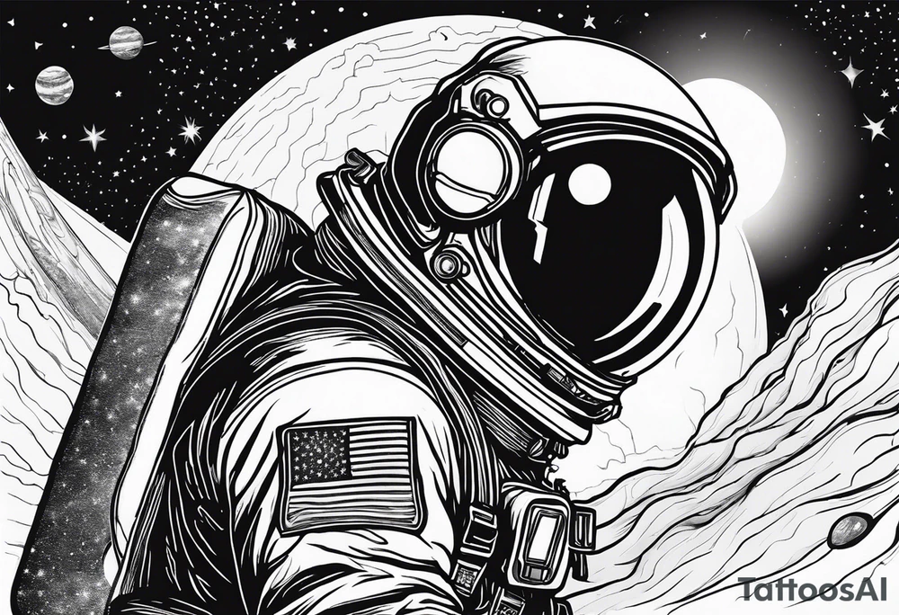 an astronaut hunched over in space from the back holding a planet in his hands tattoo idea