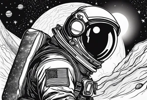 an astronaut hunched over in space from the back holding a planet in his hands tattoo idea
