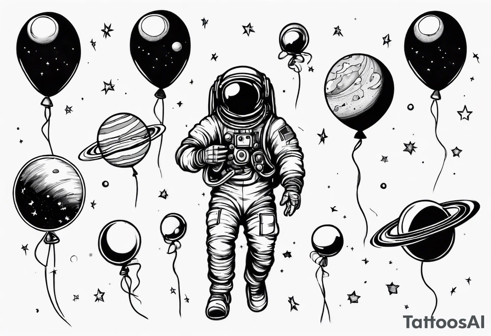 astronaut holding in hand  several balloons but balloons are planets tattoo idea